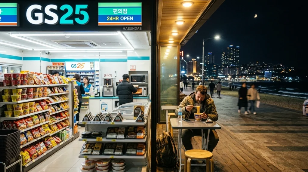 Late-night CU or GS25 with instant noodles, gimbap, bento boxes, traveler eating ramen at outdoor seating near beach

