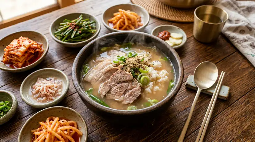 Top-down view of steaming Dwaeji-gukbap with pork slices in ceramic bowl served with kimchi and traditional banchan
