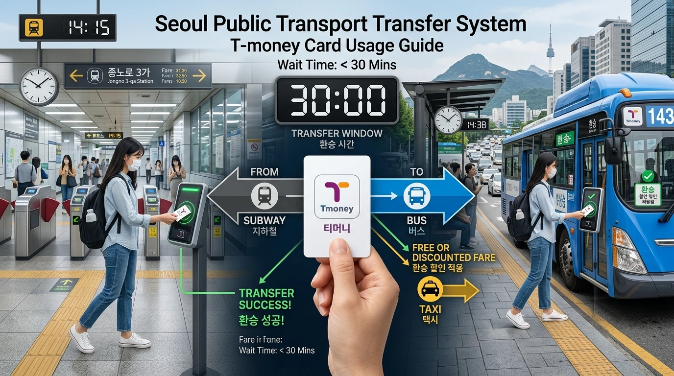 Infographic showing person transferring from subway to bus within 30 minutes with T-Money card in center and arrows indicating free or discounted transfers between transport modes