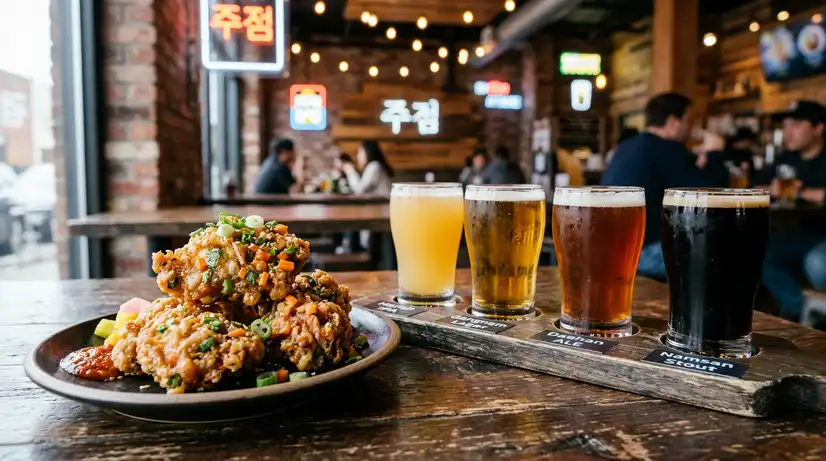 Close-up of vegetable fried chicken with visible green onion and carrot bits beside craft beer sampler on wooden paddle
