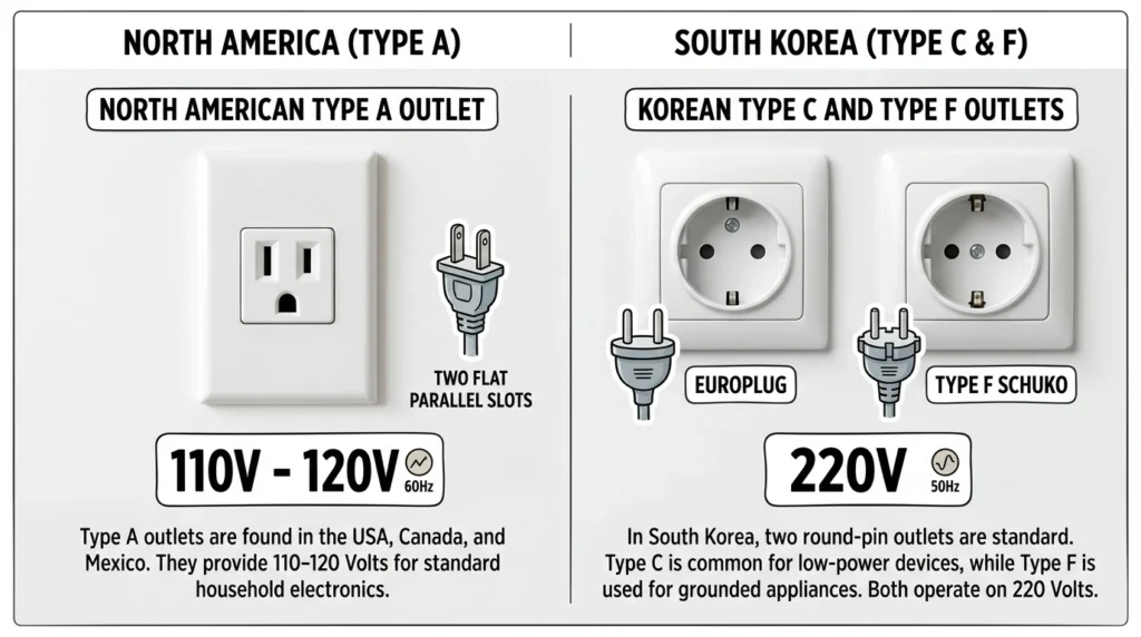 Side-by-side comparison of 110V North American flat slots and 220V Korean round outlets

