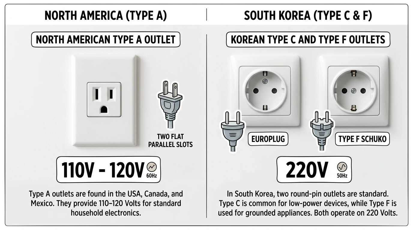 Side-by-side comparison of 110V North American flat slots and 220V Korean round outlets