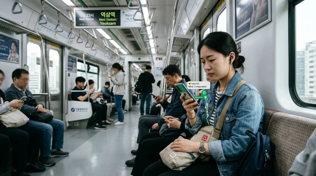 Person on Seoul subway using smartphone for navigation with Kakao Map or Naver Map and messaging apps showing moderate data usage