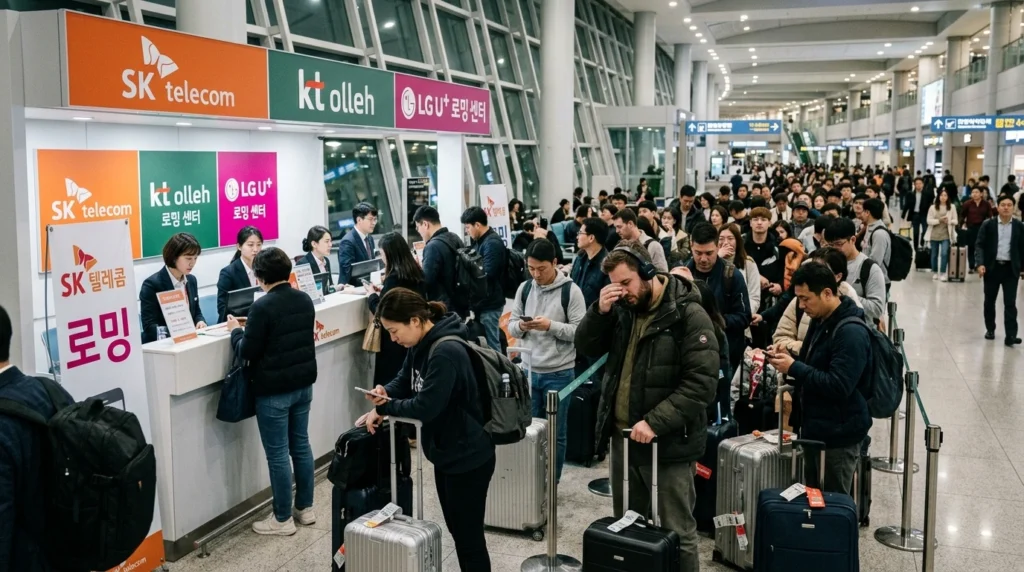Crowded scene of tired jet-lagged travelers waiting in long line at SK KT LG U+ telecom booth with luggage at Incheon Airport terminal