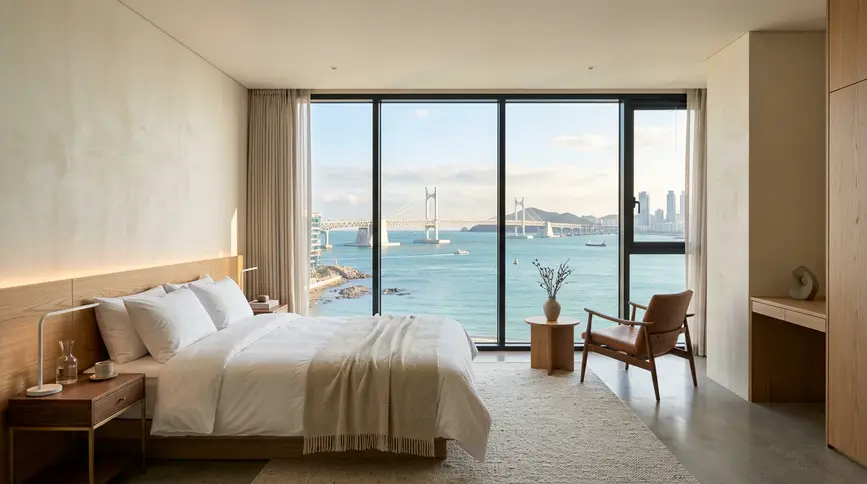 Minimalist hotel interior with floor-to-ceiling window offering direct view of Gwangan Bridge and blue sea
