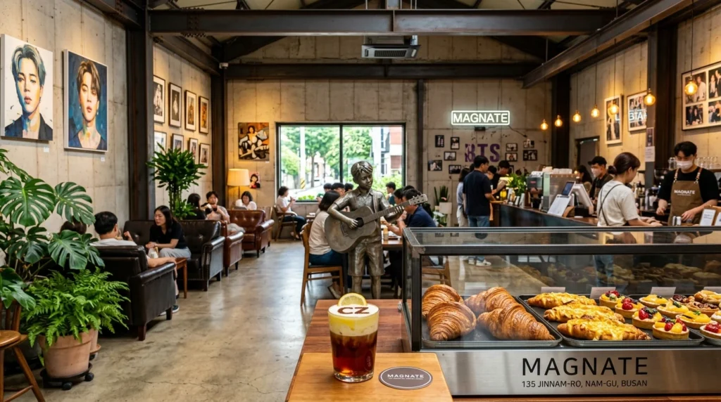 Industrial-chic MAGNATE interior with exposed concrete, vintage sofas, artworks, croissants display, Cream Zzalo signature drink

