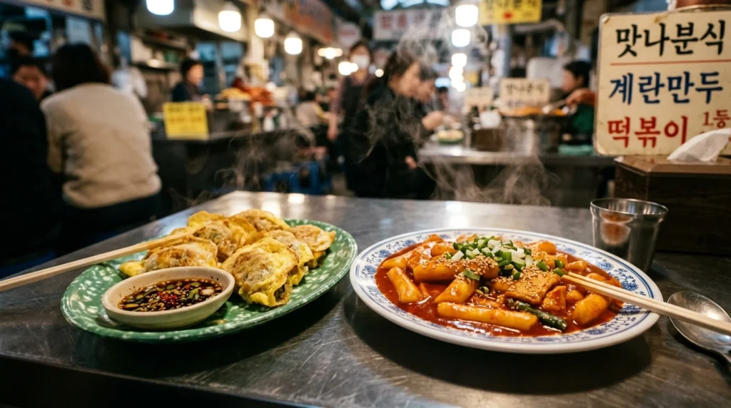 Close-up of Gyeran Mandu egg dumplings and spicy tteokbokki on retro plates, authentic street food from Jimin's school days at Matna Bunsik 