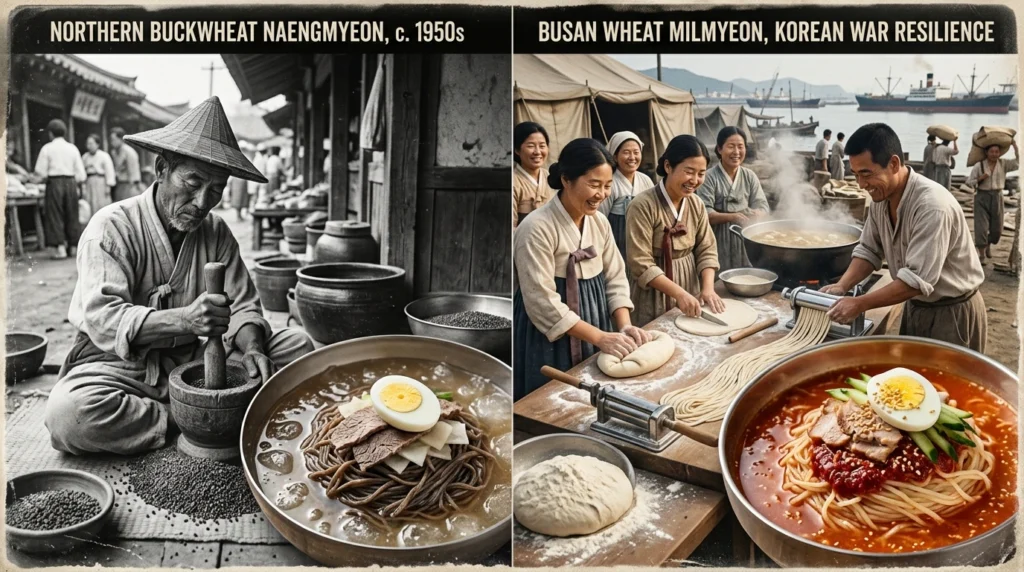 Historical narrative: northern buckwheat naengmyeon transforming into Busan wheat Milmyeon, Korean War refugee resilience story

