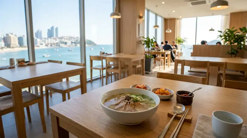 Clean Korean pork soup restaurant interior with clear transparent broth and coastal city view through window