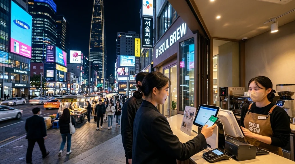 Modern Seoul with contactless payments and futuristic LED billboards at night