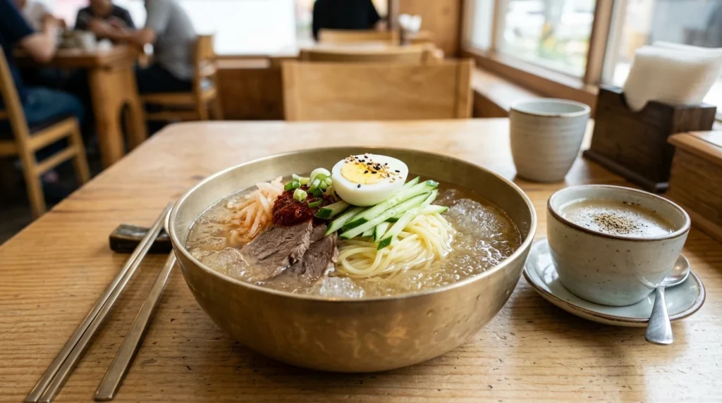 Icy broth with slushy ice, wheat noodles, cucumber, egg and meat in metal bowl
