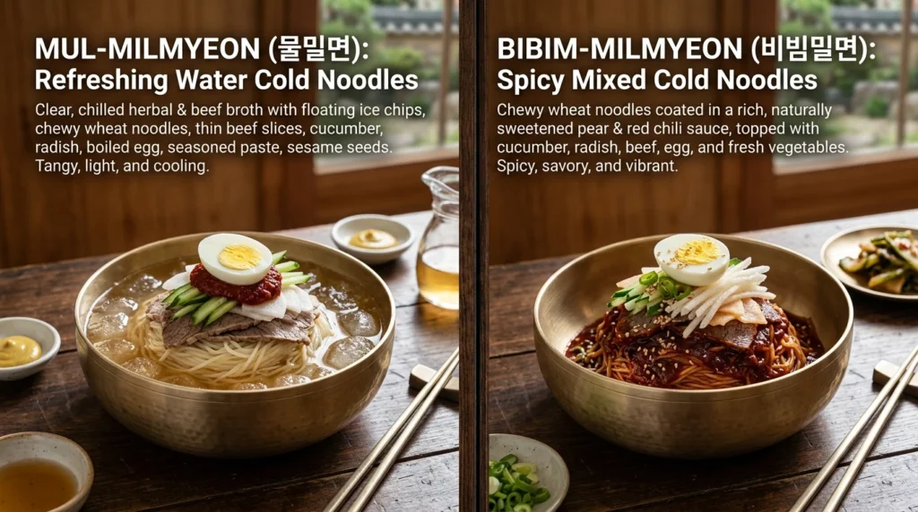 Professional food photography comparison layout with left side showing Mul-milmyeon water milmyeon featuring clear herbal broth and floating ice, right side showing Bibim-milmyeon spicy cold noodles with naturally sweetened pear sauce and colorful toppings, both featuring bouncy wheat noodles in traditional Korean metal bowls with side-by-side flavor profile presentation 