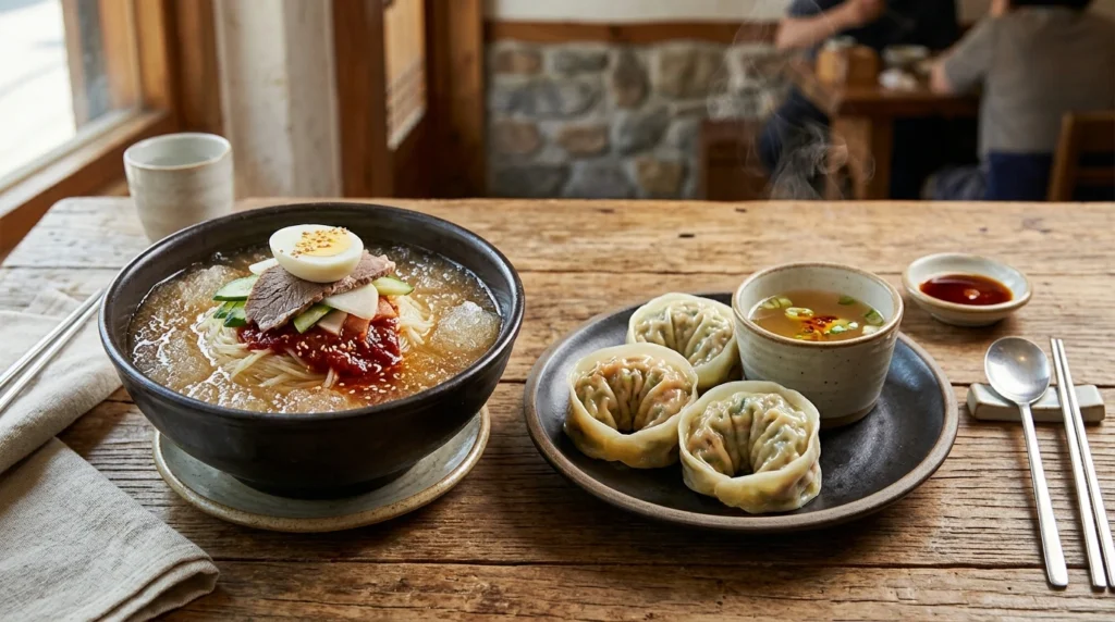 Ice-cold noodles beside steaming king dumplings with thin translucent wrappers and bone broth