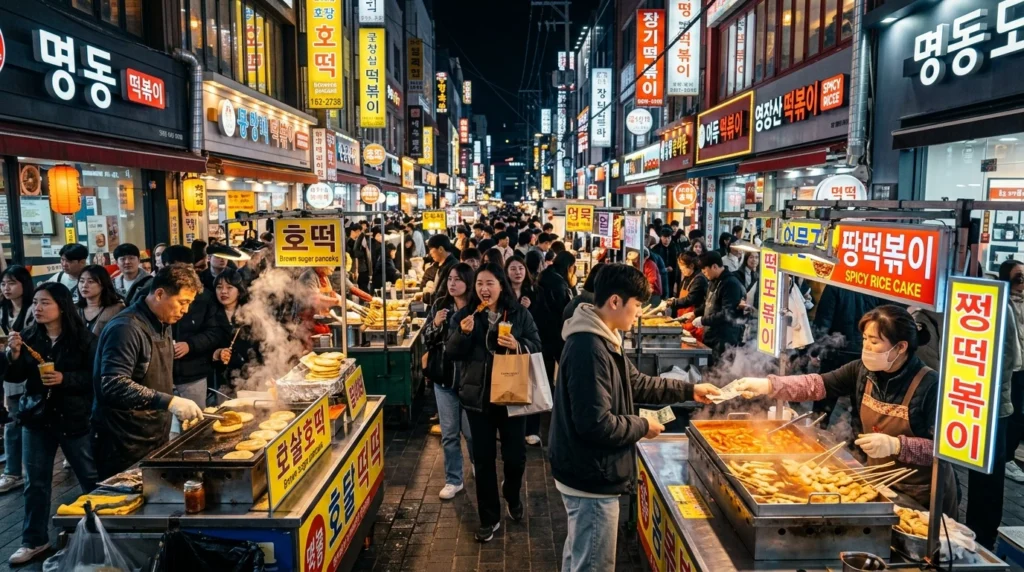 Bustling Myeongdong street food carts with vendors accepting cash payments