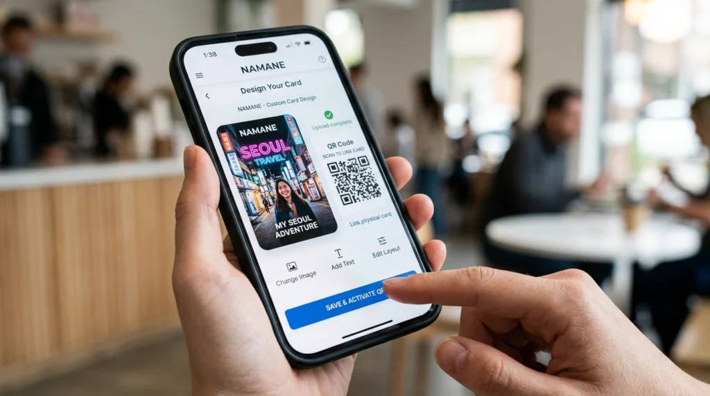 Smartphone screen displaying NAMANE app showing custom card design feature with user uploading personal photo and QR code generated on screen