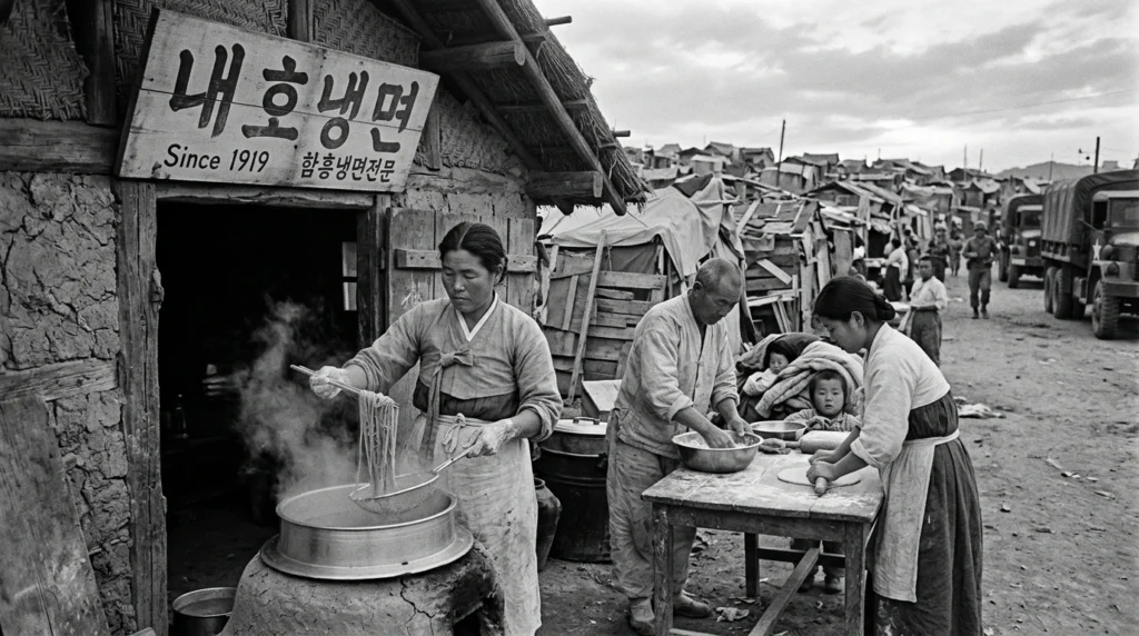 Black-and-white historical scene depicting 1950s Korean War era exterior of humble Naeho Naengmyeon restaurant in converted cattle shed building in Somak Village Uam-dong with North Korean refugee family preparing noodles showing displacement and resilience 