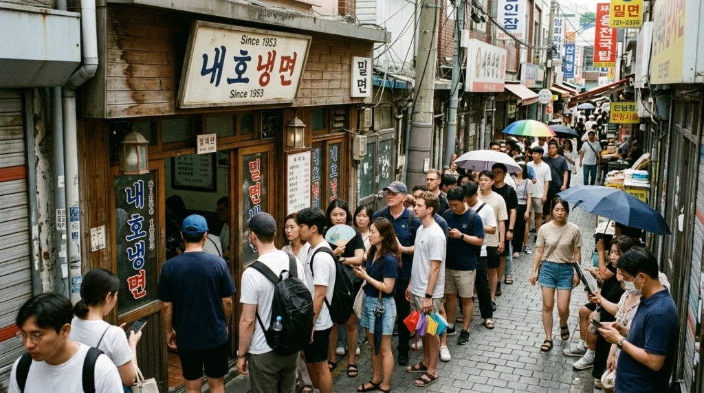 Crowded scene outside historic Naeho Naengmyeon restaurant in narrow Uam Market alleyway with long line of diverse customers including locals and international food enthusiasts waiting at small humble storefront with vintage Korean signage in summer season 