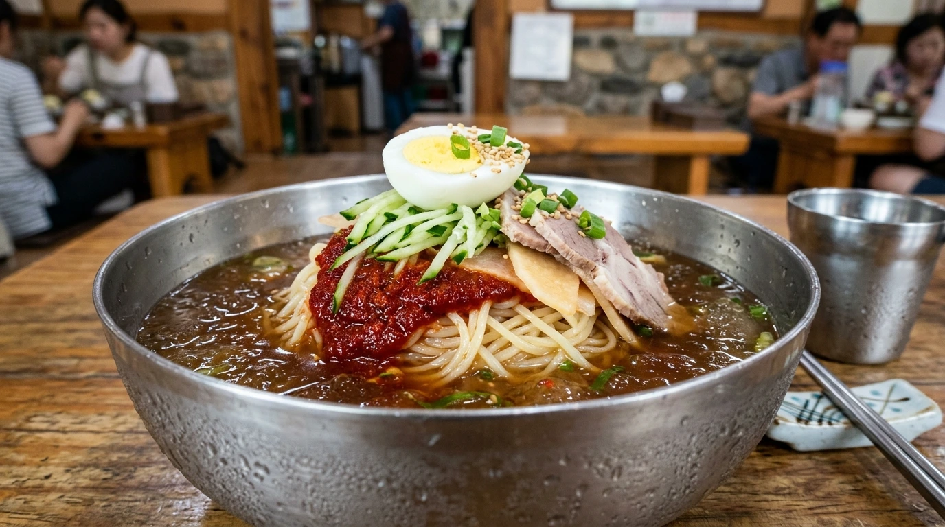Close-up of signature Naeho Naengmyeon Milmyeon bowl showcasing unique wheat flour noodles with chewy elastic texture in icy savory meat broth topped with vibrant red North Korean-style dadaegi spicy paste, sliced pork, cucumber, pickled radish and boiled egg demonstrating historical fusion of US relief wheat flour and Korean culinary heritage