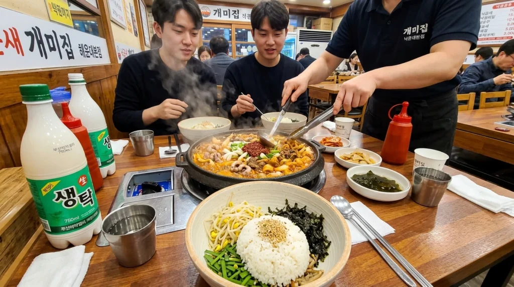 Bubbling Nakgopsae hot pot with octopus, beef intestines and shrimp, rice bowl with sprouts, Busan Makgeolli, authentic K-restaurant

