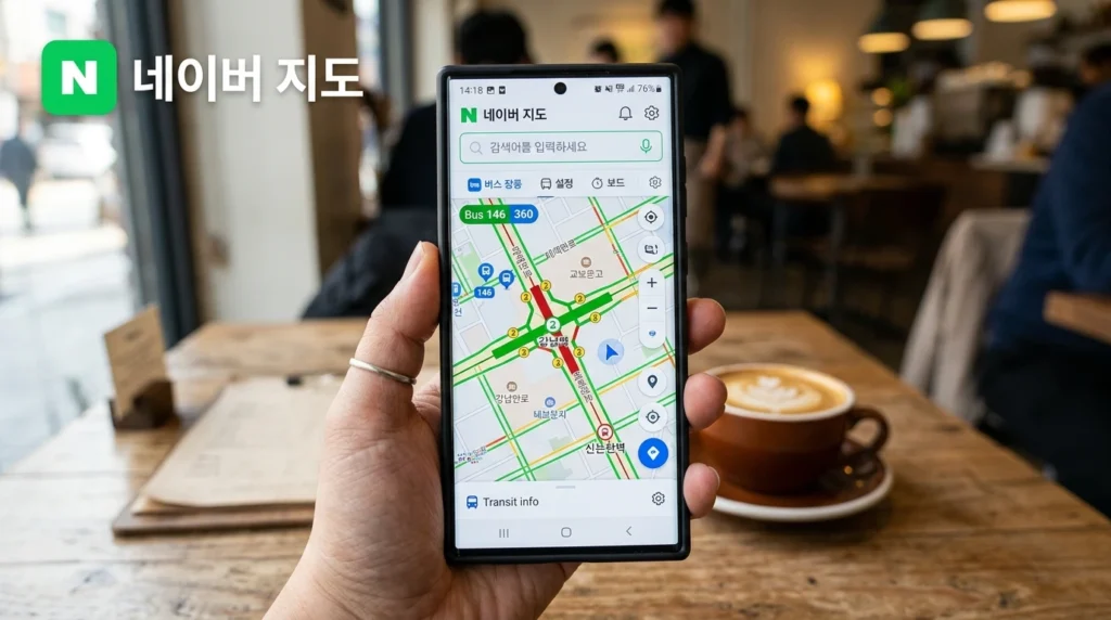 Smartphone displaying Naver Map app with detailed city map and transit icons