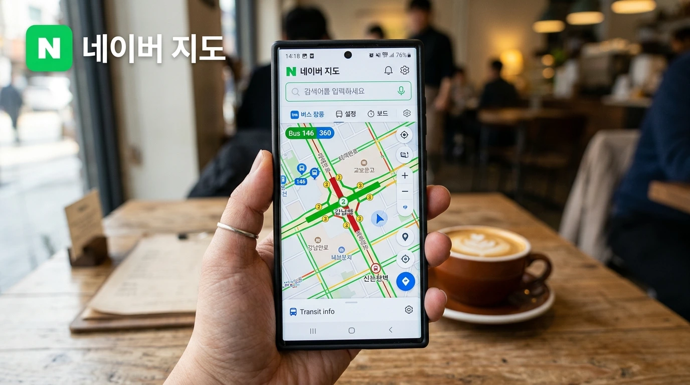 Smartphone displaying Naver Map app with detailed city map and transit icons