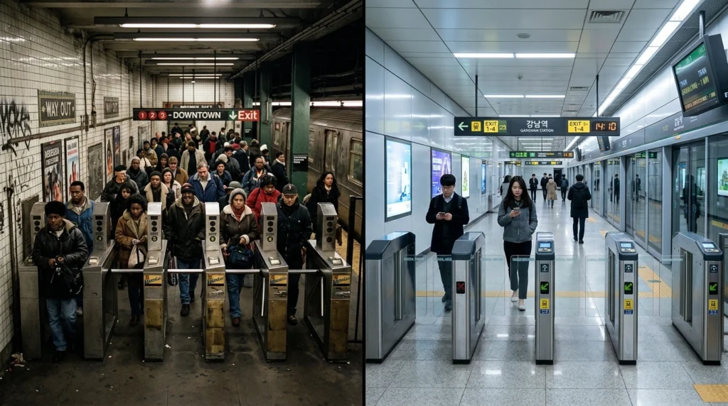 Split screen showing older crowded New York subway with MetroCard turnstile on left and clean modern futuristic Seoul subway with LED lighting and glass barriers on right