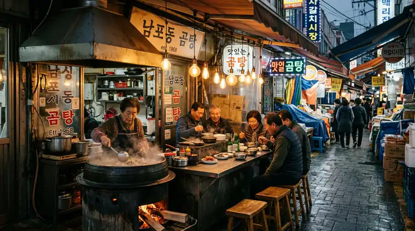 Atmospheric old Busan market scene with cozy food stall, boiling pot over flame, and people on stools eating