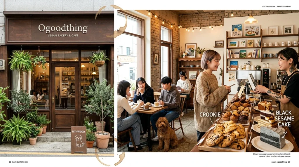 Trendy Jeonpo-dong cafe with plants, pet-friendly interior, gluten-free vegan desserts display case