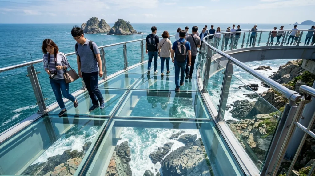 Thrilling view from Oryukdo Skywalk glass floor walkway with transparent glass platform extending over ocean, visitors walking on air above shimmering blue waves and rocky coastline below, Oryukdo Islands visible in distance with dramatic perspective looking straight down at crashing tides and rocks creating exciting adventurous atmosphere 