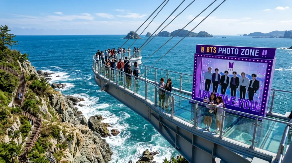 Oryukdo Skywalk with transparent glass floor above crashing waves, luminous photo zone for BTS fans, dramatic coastal cliffs and deep blue sea 