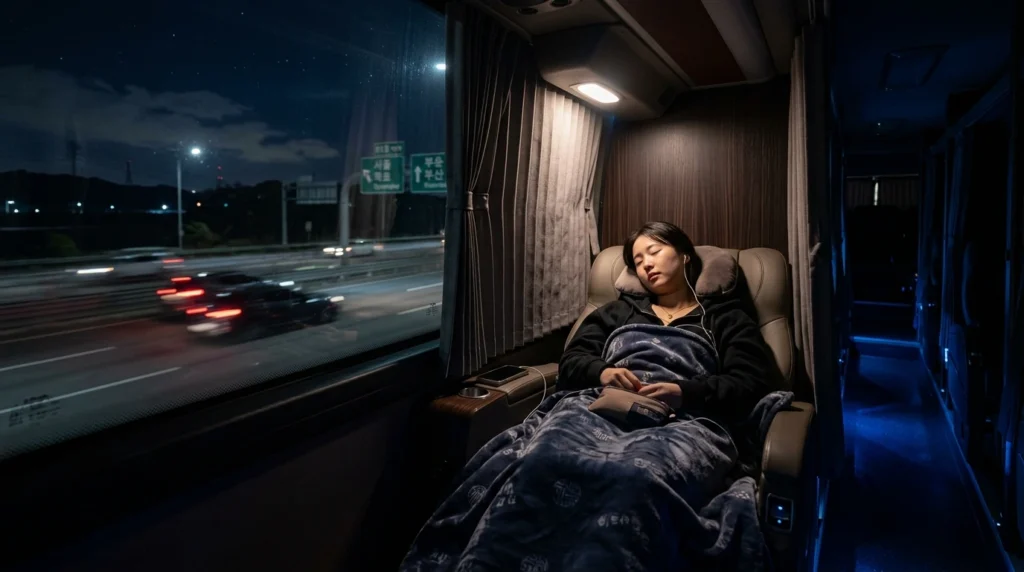 Passenger sleeping peacefully in reclined bus seat during nighttime highway travel with soft lighting and privacy curtain