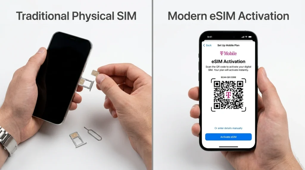 Split screen showing traditional SIM card swap with ejector tool on left and instant eSIM activation with QR code on smartphone on right