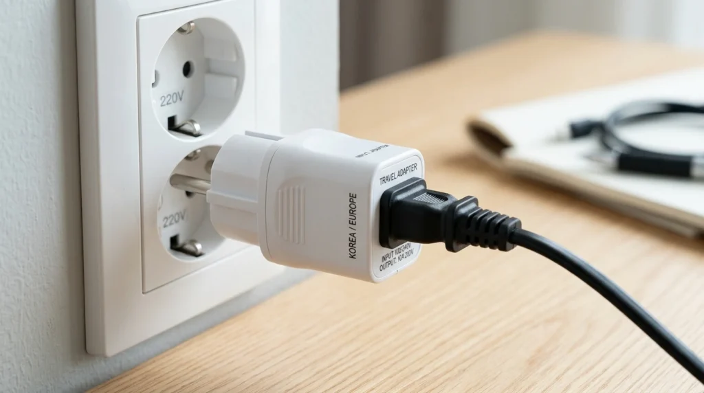 Korean adapter with round prongs, North American plug inserted, demonstrating usage

