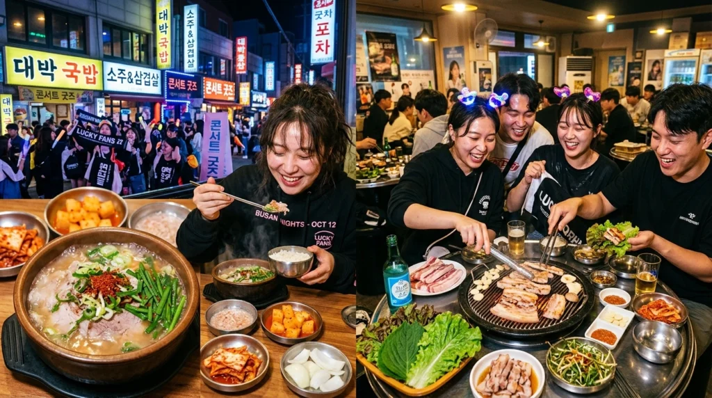 Split scene: steaming Dwaeji Gukbap pork soup, Korean BBQ with grilled pork belly and lettuce wraps, neon-lit street view 