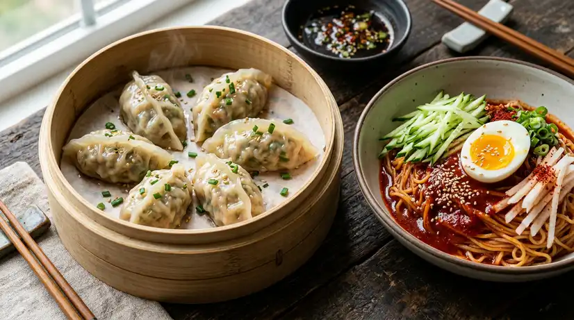 Translucent Korean dumplings in bamboo steamer beside spicy Bibim Milmyeon with red sauce and cucumber