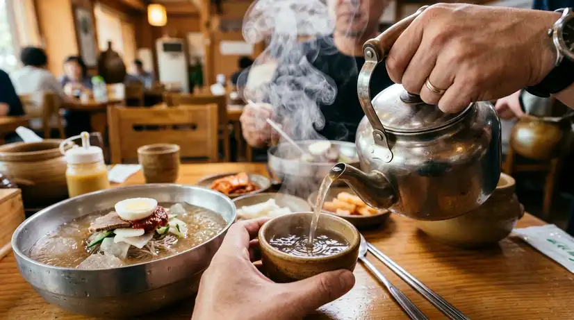 Hand pouring steaming beef broth from kettle into cup with cold Milmyeon bowl in background