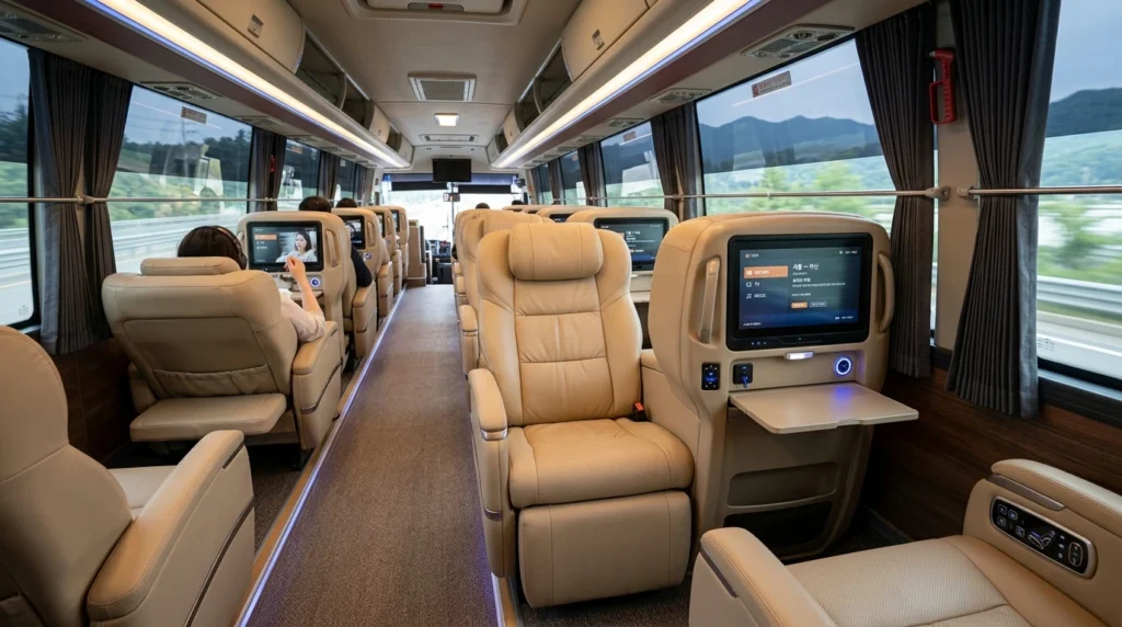 Luxurious interior of Korean premium express bus featuring wide reclining leather seats with privacy curtains and entertainment screens

