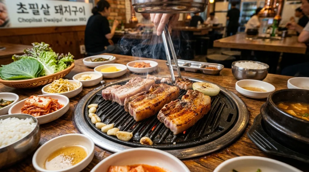Thick-cut pork belly on grill with golden sear, lettuce wraps and banchan