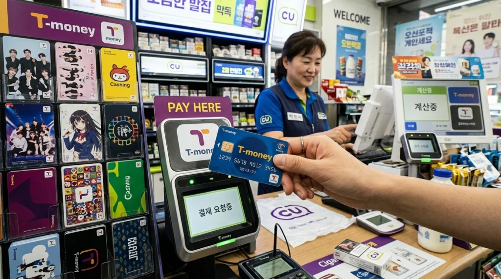 Close-up of hand holding blue T-Money card at CU GS25 or 7-Eleven counter with card display rack showing various designs in background