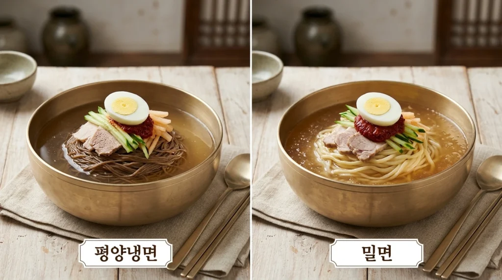 Side-by-side food photography comparison showing traditional North Korean buckwheat Naengmyeon with dark brown noodles on left and Busan wheat-based Milmyeon with lighter colored elastic noodles on right, both in traditional Korean metal bowls demonstrating visual contrast between original and adapted survival dish with Korean labels 