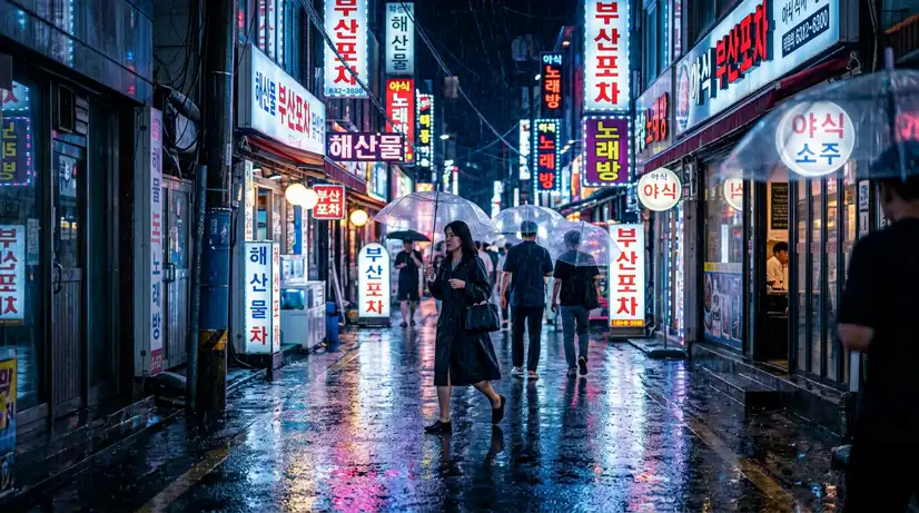 Moody Busan street scene with Korean neon signs reflected on wet pavement and people with transparent umbrellas