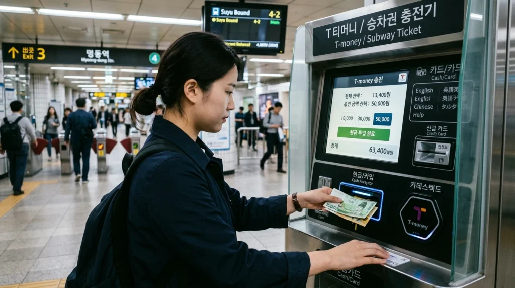 Person inserting Korean Won cash bills (10,000 and 50,000 won) into subway station kiosk machine to reload T-Money card with digital screen showing balance