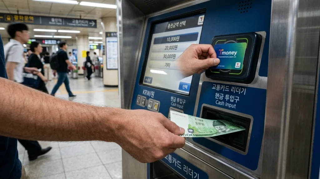 Hand inserting Korean won bills into subway machine to recharge T-money card