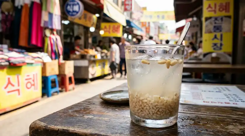 Glass of traditional Sikhye with rice grains and condensation on wooden table in colorful market setting 