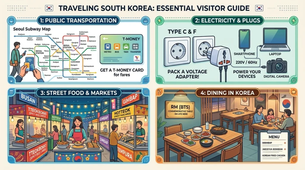 Four-panel guide showing T-Money card with transit map, Korea 220V voltage adapter, Busan street food stalls, BTS RM restaurant 