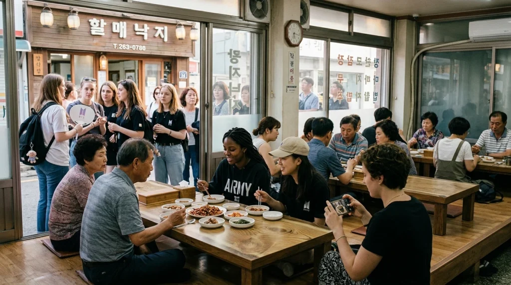 ARMY fans waiting patiently outside traditional eatery, locals and tourists dining harmoniously, cultural respect and harmony

