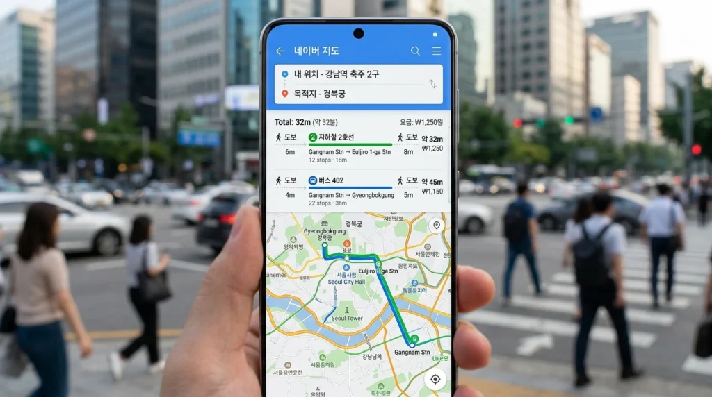 Naver Map showing subway, bus, walking routes with time and fare information