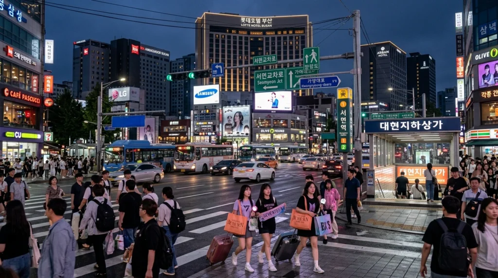 Busy Seomyeon intersection with Lotte Hotel, subway entrances, shopping mall, travelers with concert merchandise, neon signs 