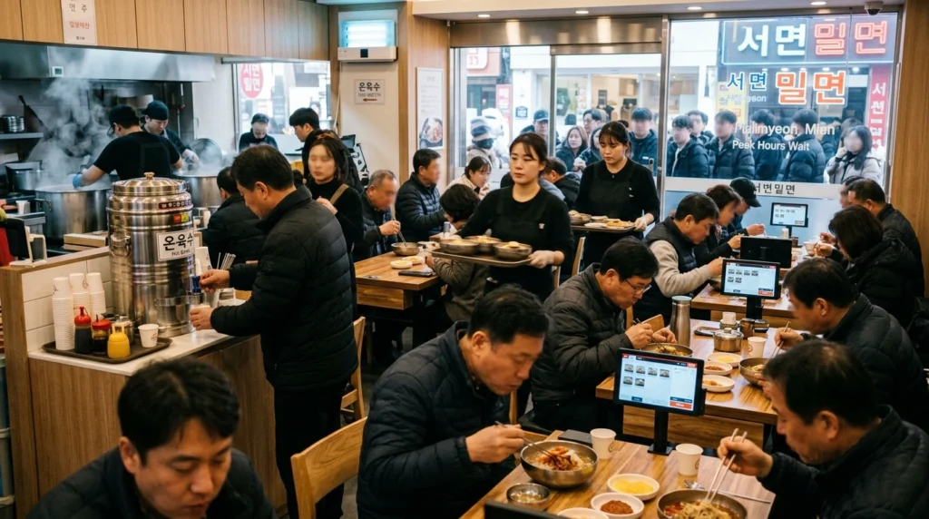 Busy lunch hour with waiting customers, efficient staff, tablet ordering and self-serve broth station

