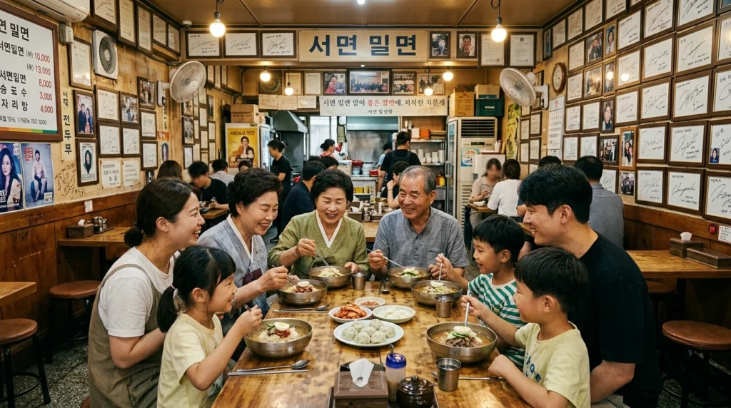 Historic restaurant interior with celebrity autographs, multi-generational family dining and nostalgic decor

